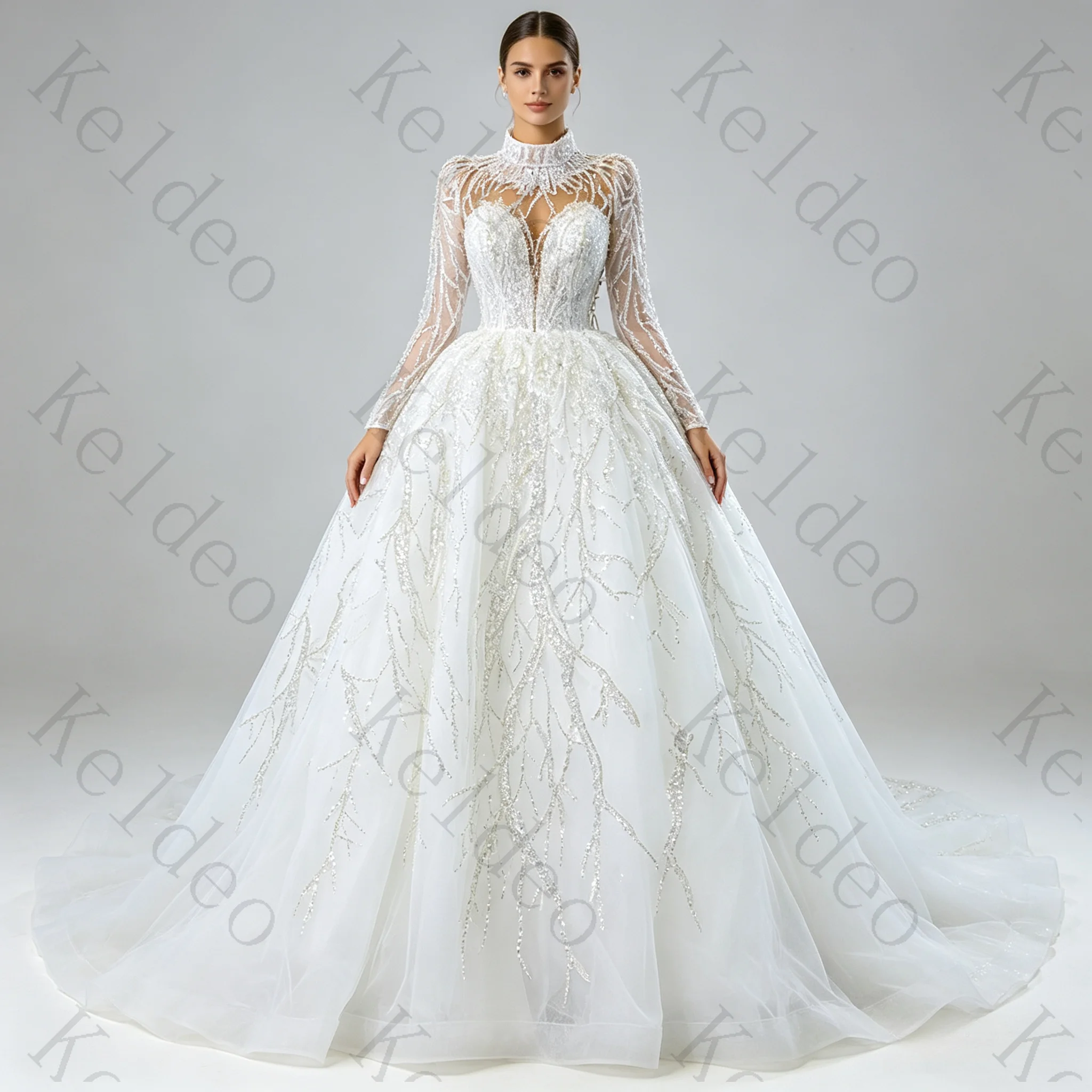 Customized Elegant High-Neck A-Line Long Sleeve Wedding Dresses 2026 Beading Lace Appliques Tulle Lace Up Open Back Bridal Gowns