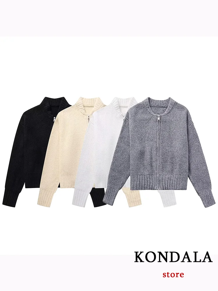 KONDALA Vintage Casual Solid maglione Bomber Jacket Zipper o-collo manica lunga cappotti lavorati a maglia moda 2023 autunno inverno Outwears