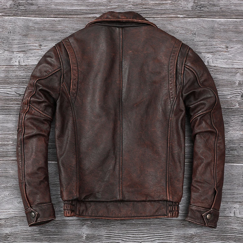 Men Stone Distressed Genuine Leather Jacket New Top Layer Cowhide Air Force Flight Jackets Vintage Fashion Redbrown Corium Coat