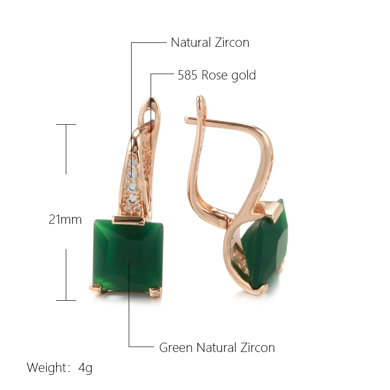 Kinel New Emerald Square Cut Zircon Promise Earring for Women Luxury 585 Rose Gold Wedding Jewelry Party Daily Dangle Earrings