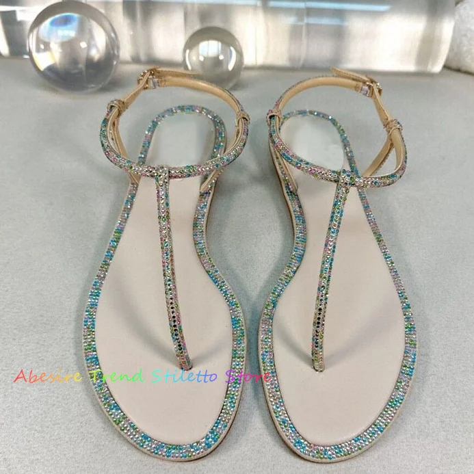 

Flip Flops Crystal Sandals Round Toe Flat With Ankle Buckle Strap Fashion Elegant Concise Summer Beach Party Women Shoes New