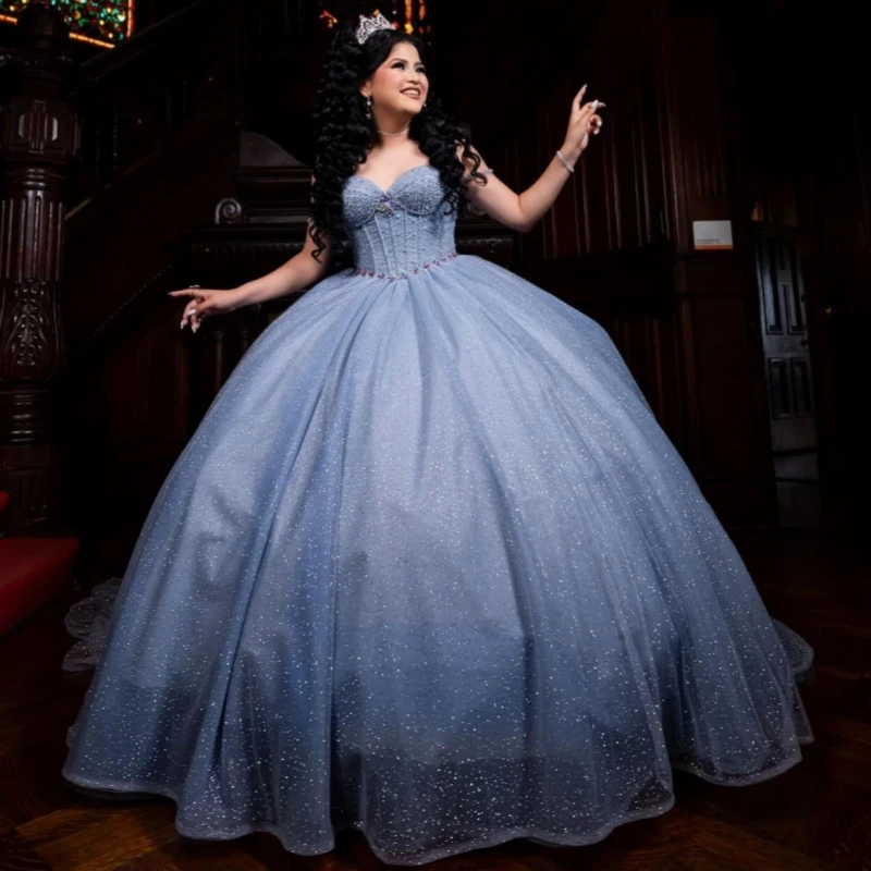 

Blue Shiny Quinceanera Dresses Off The Shoulder Beading Crystal Tull Corset Party Birthday Sweet 16 Dress Vestidos 15 Anos