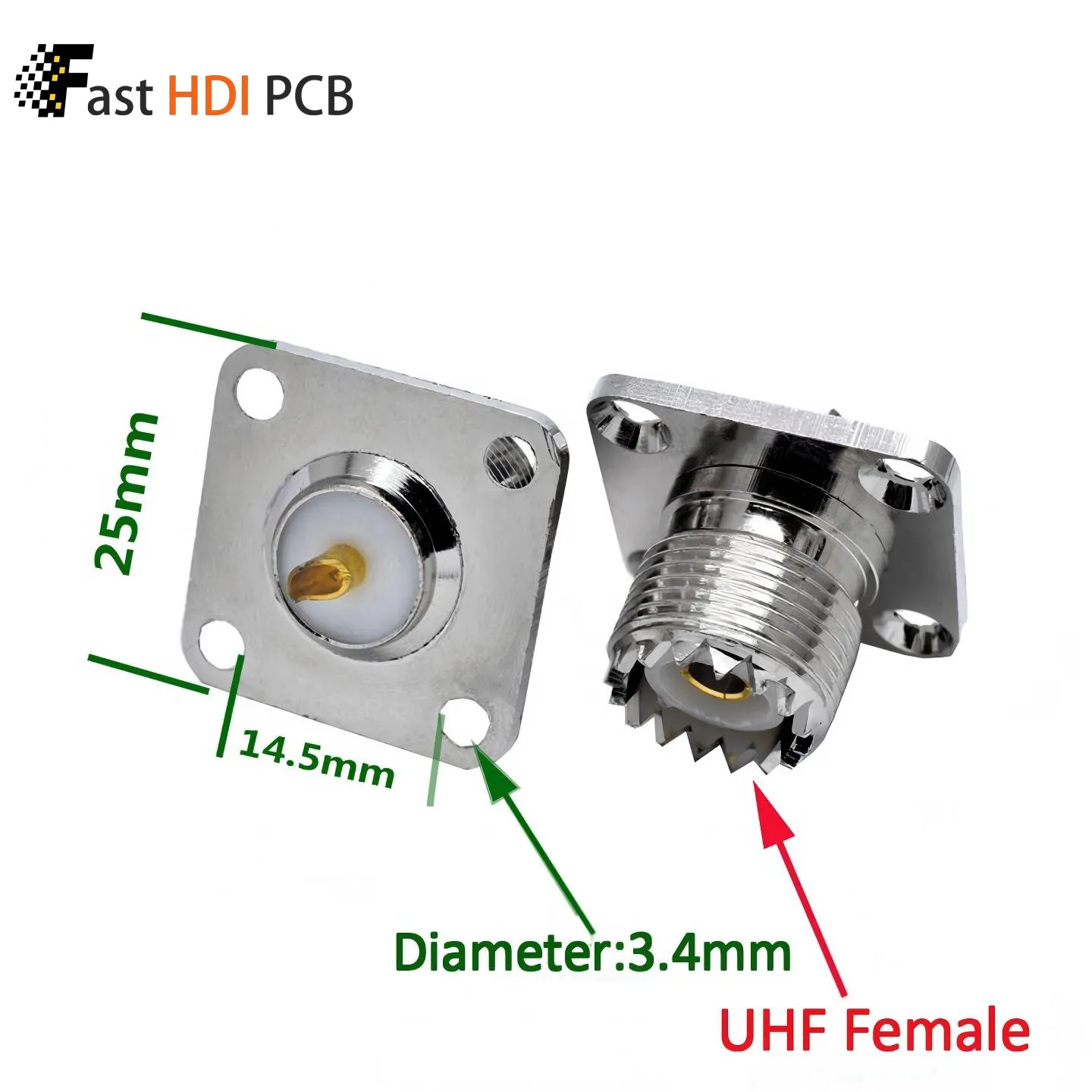 SL16-KFD UHF Female Flange Mount Connector SO-239 Type Square Panel Mount Jack 25x25mm Brass Body 15.5mm Mounting Holes Distance