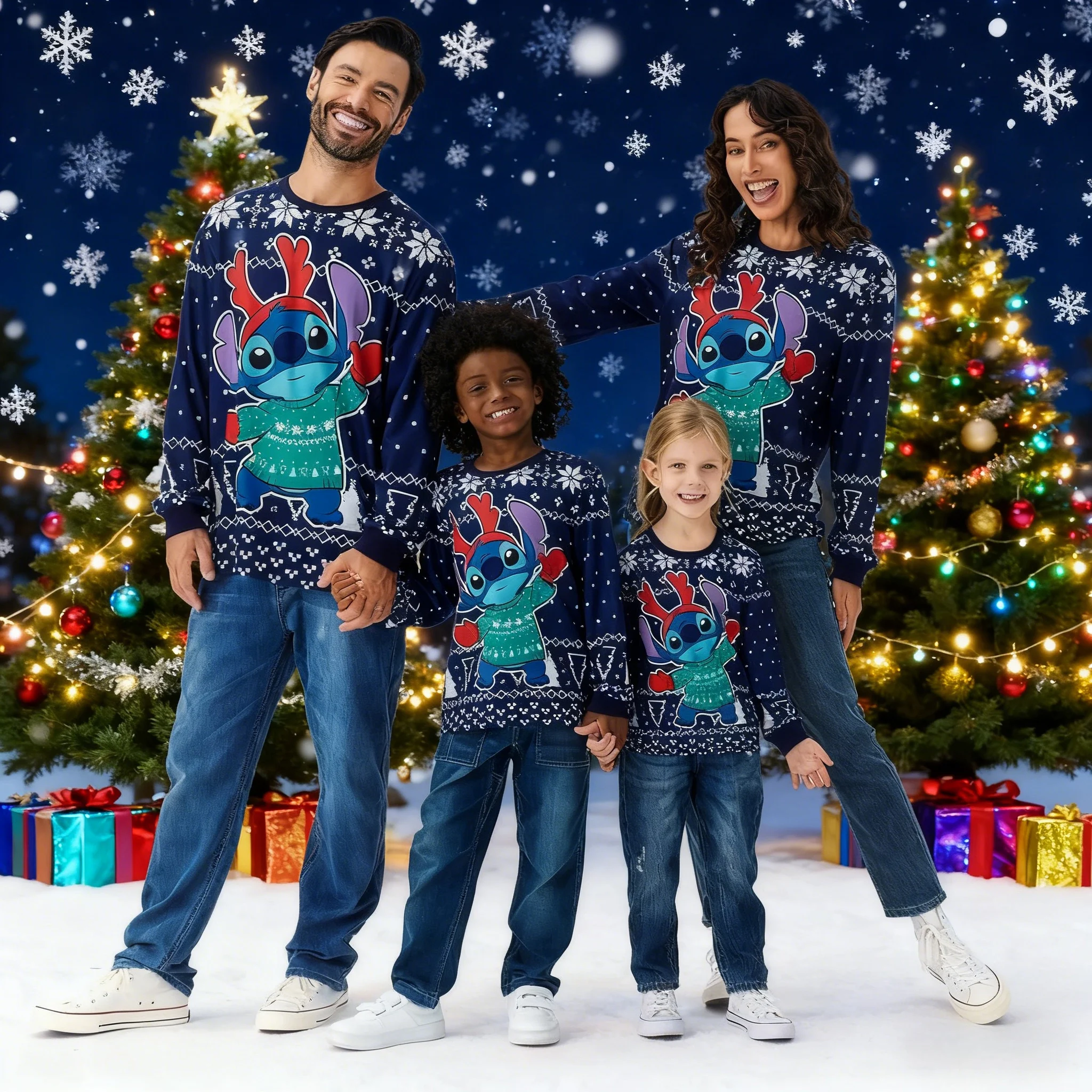 

Disney Stitch Christmas Pattern Family Matching Outfits Adult Kids Crewneck Sweatshirt Soft Comfy Stylish Plus Size Fall Winter