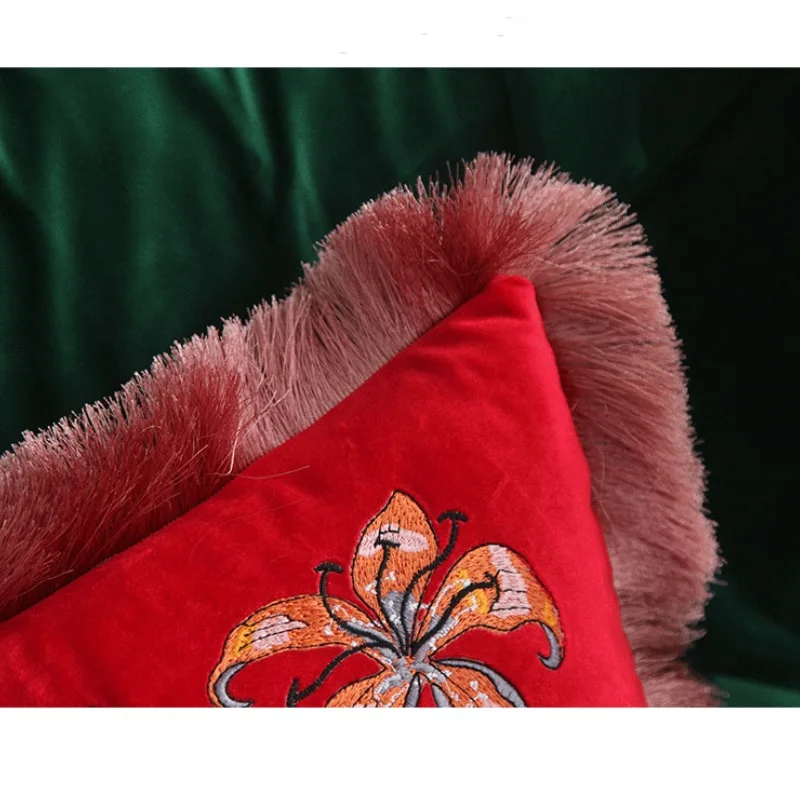 Tiger Pillow Luxury Red Velvet Embroidery Cushion Case Decorative Pillow For Sofa 30x50CM Jungle Flora Living Room Decoration