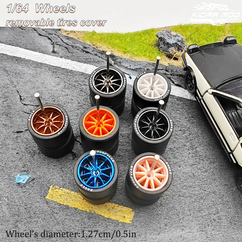 1/64 Wheels with Detachable Rubber Tires Ten Spokes 12.7mm for Model Cars Refiting Parts for Hotwheels (5 sets for 5 Cars)