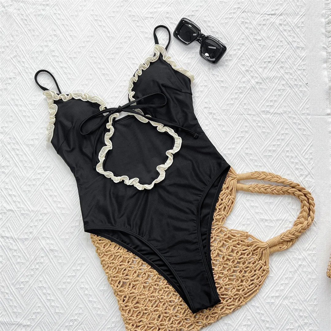 Ausgeschnittener, gerüschter Leoparden-Badeanzug, einteiliger Badeanzug für Damen, Badebekleidung, hoch geschnittene Beine, Monokini, gepolsterter Badeanzug, Badeanzug, Schwimmanzug V7734B – Detail 7
