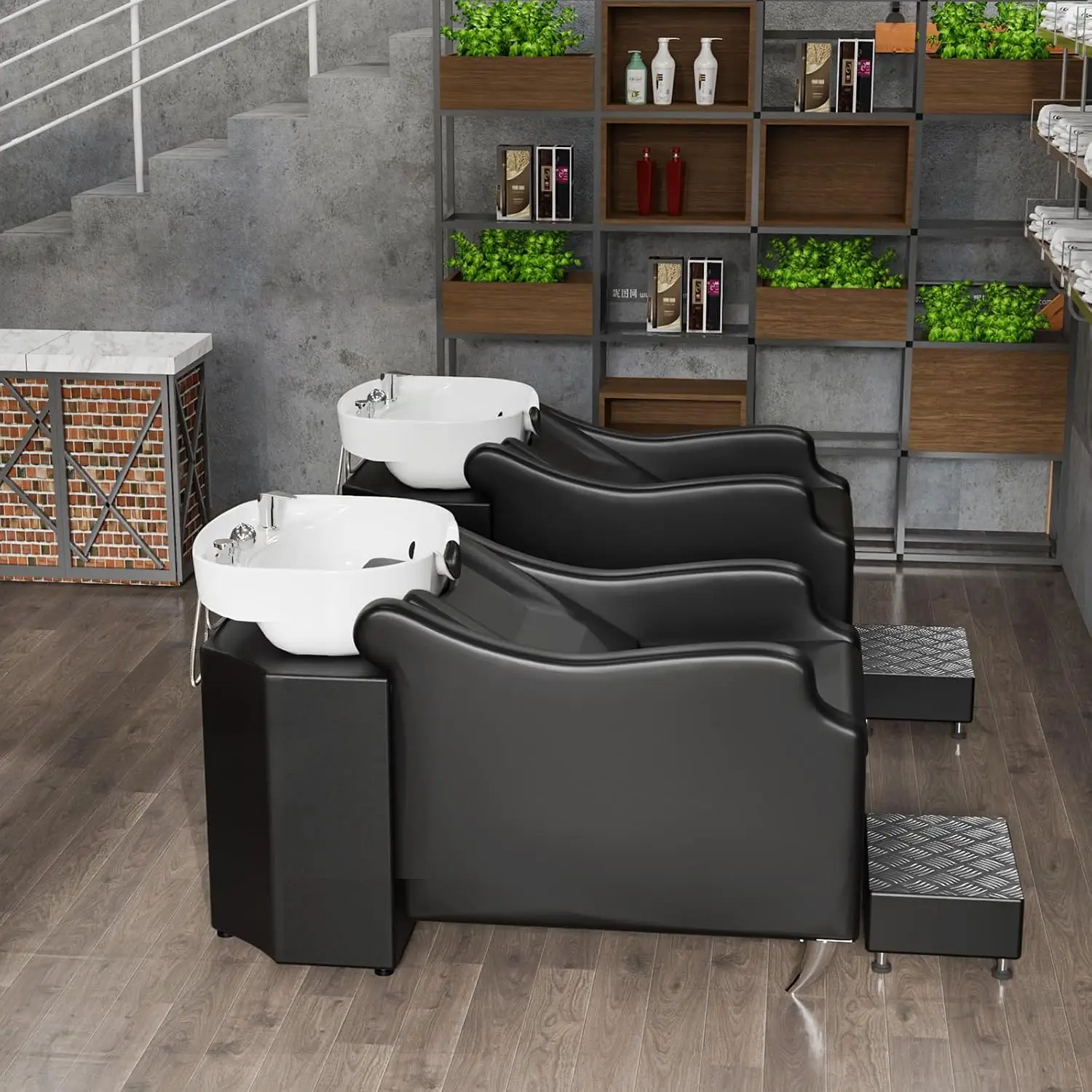 Shampoo Backwash Unit with White Porcelain Bowl, Salon Sink Hair Wash Chair Shampoo Station, Barbershop Beauty Spa Massage Haird