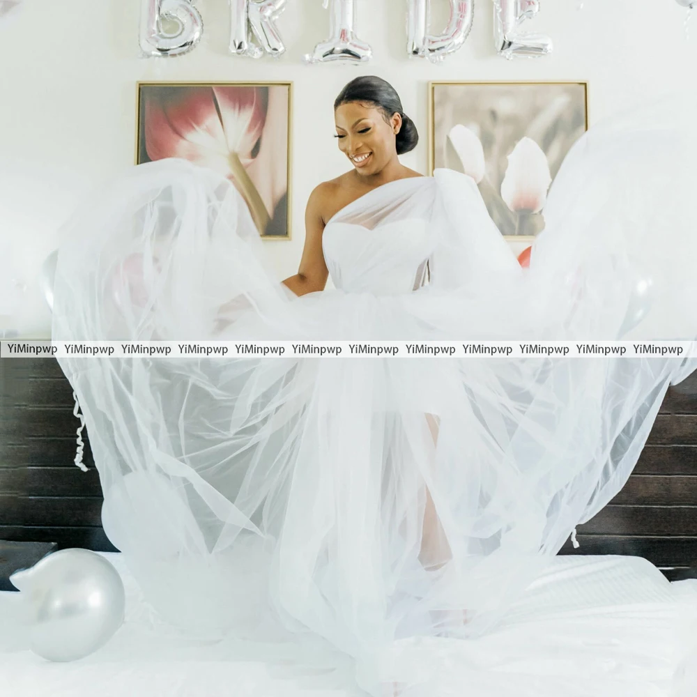 White Bride Robes for Wedding Bridal Shower Dresses One Shoulder Front Split A Line Tulle Africa Reception Gowns Customized