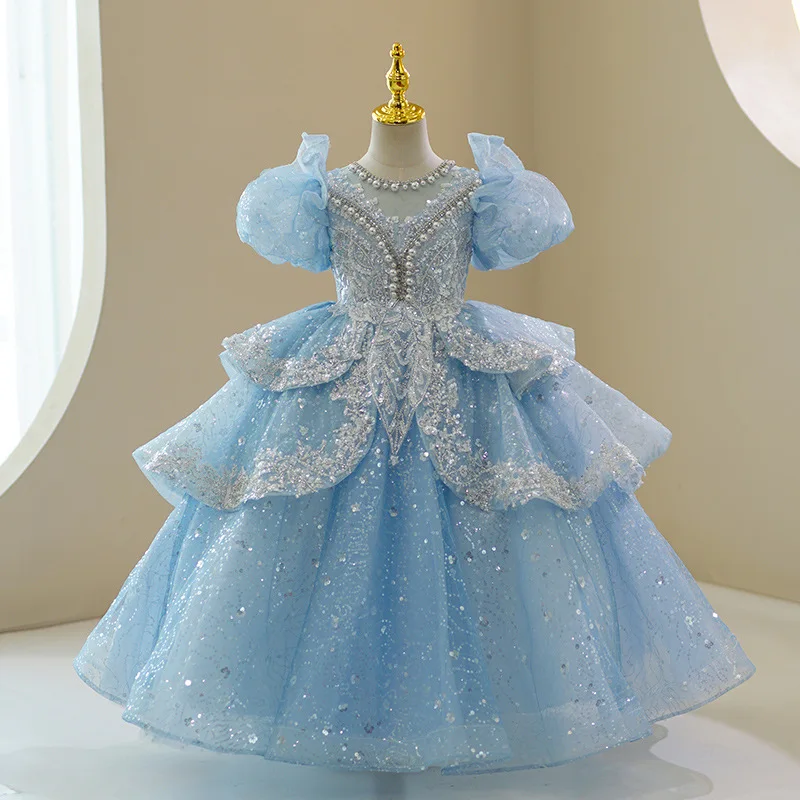 

Little Flower Girl Blue Princess Dress Sparkly Tulle Beaded Lace Ball Gown Puffy Sleeve Pageant Party Dress for Birthday Wedding