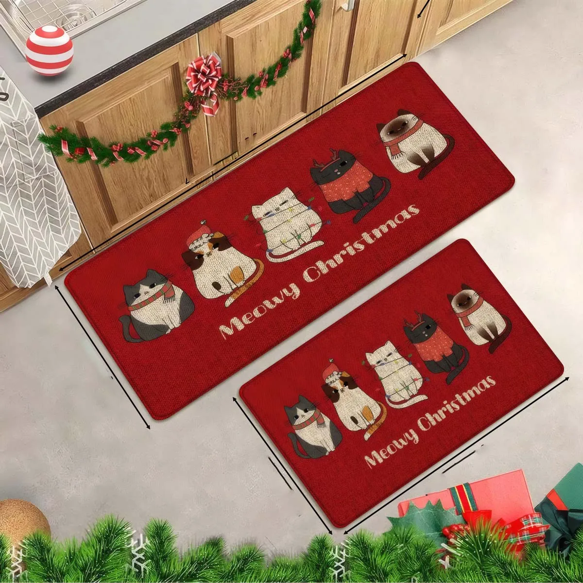 Meowy Christmas Living Room Sofa Side Kitchen Area Rugs Runner 1/2/3pcs Set Cute Cat Kitten Bedside Laundry Floor Mat