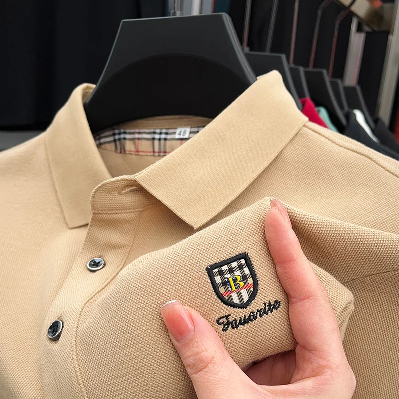 High-End Man 100%cotton Long-Sleeved Polo Shirt Lapel Button Exquisite Embroidery Comfortable Autumn Casual Business Men's Tops