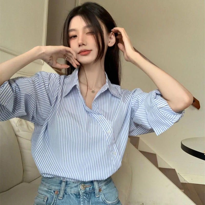 Turn-down Collar Shirts Women Side-slit Asymmetrical Blue Striped Korean Style New Arrive Autumn Tops Trendy Office Lady Simple