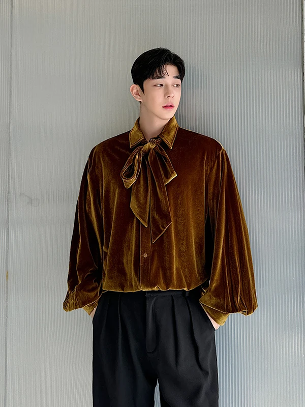 

Модная бархатная рубашка с длинным рукавом в корейском стиле, свободного кроя, молодежная, трендовая, струящаяся, элегантная, осенняя, из полиэфирного волокна