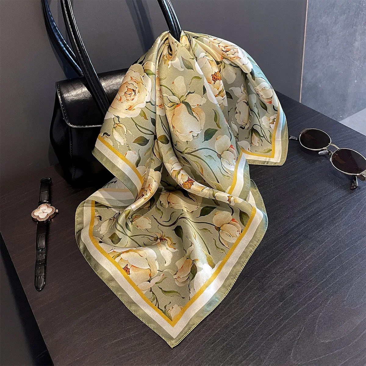 

Дизайнерский квадратный шейный платок с цветочным принтом 65 см, женский шарф из натурального шелка, роскошная хлопковая шаль с принтом 2025, женский хиджаб, бандана, повязка на голову