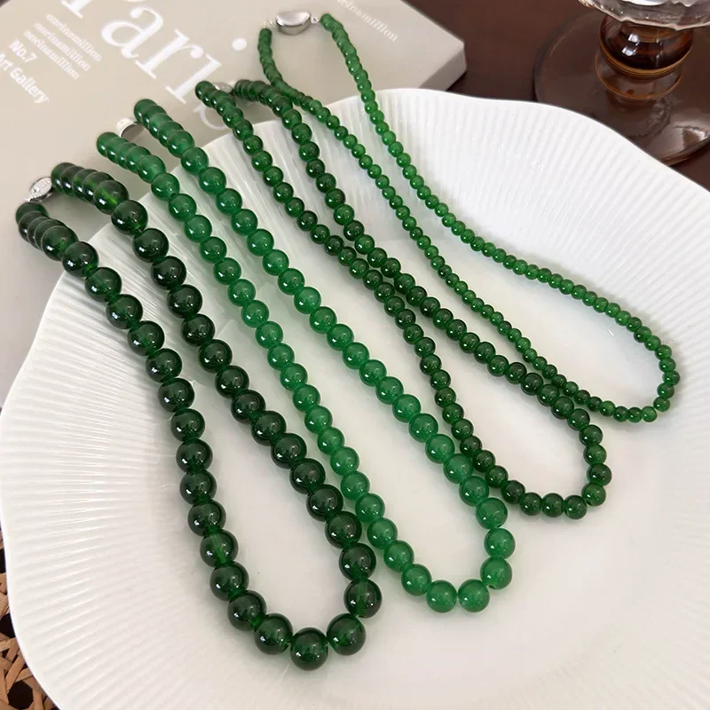 Minar 2024 New 4 6 8 10mm Green Color Glass Beads Strand Beaded Necklace for Women Female Silver Plated Toggle Clasp Chokers