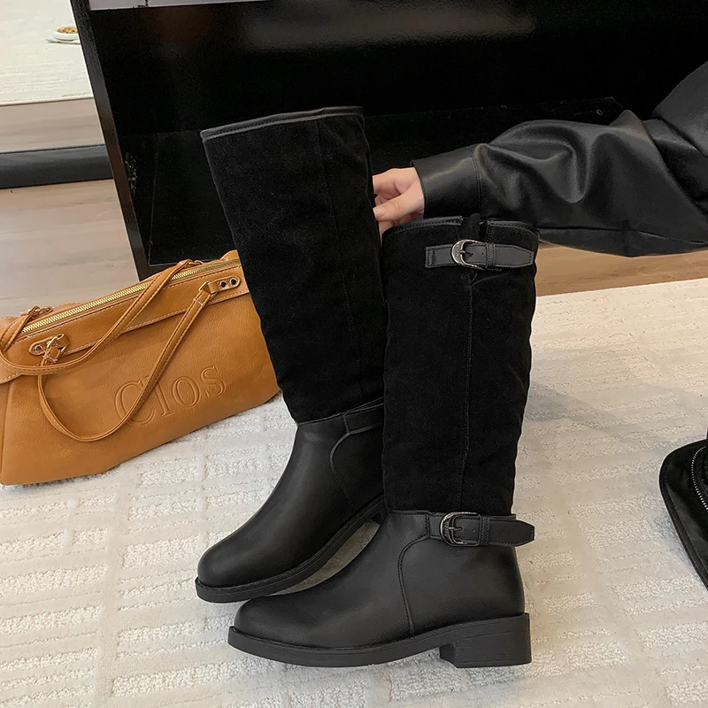 

Black Pu Leather Knee Boots for Women Shoes Metal Buckle Decoration New Outdoor Long Botas Ladies Footwear Knee High Booties