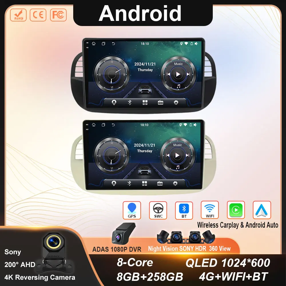 

Android 14 Car Radio For Fiat 500 Navigation GPS Multimedia Player stereo 5GWiF+4G SIM BT wireless auto Carplay 360 Camera 2 DIN