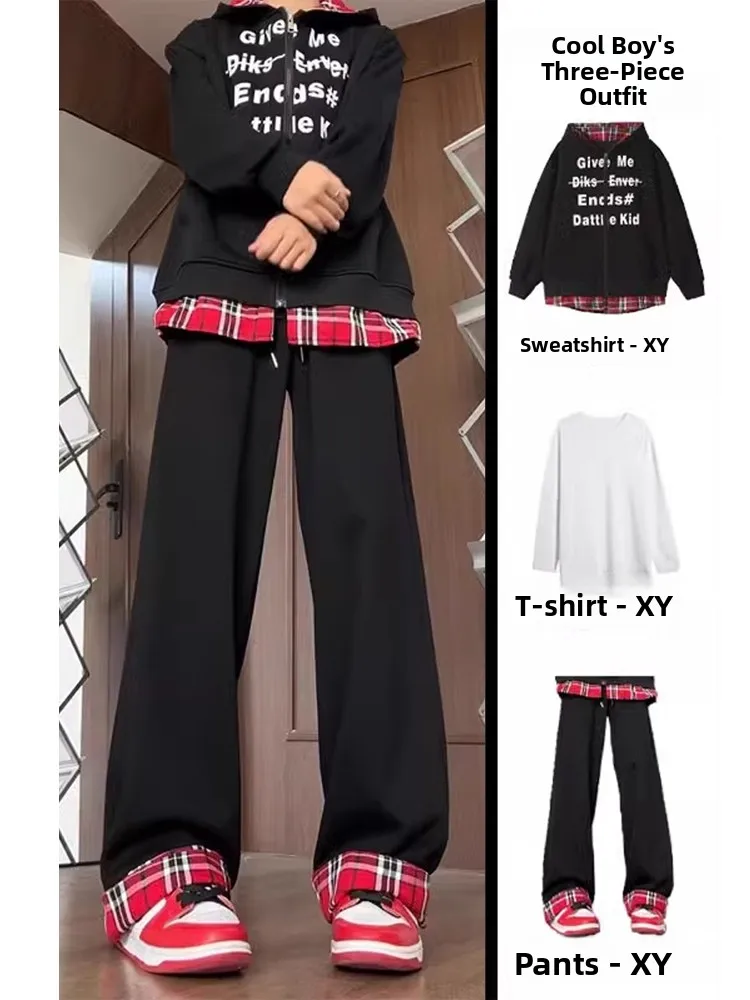 

Cool Men's Plaid Patchwork Hoodie Set Spring Autumn American Sle Boy's Clothing Cotton Polyester Blend Easy Care Trendy