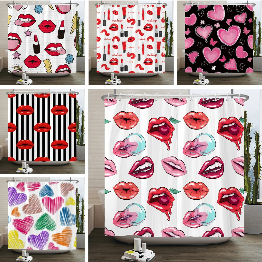 Cute Sexy Red lip Shower Curtains Waterproof Fabric Polyester Pink Love Girl Bathroom Curtain with Hooks Home Bath Drape Decor