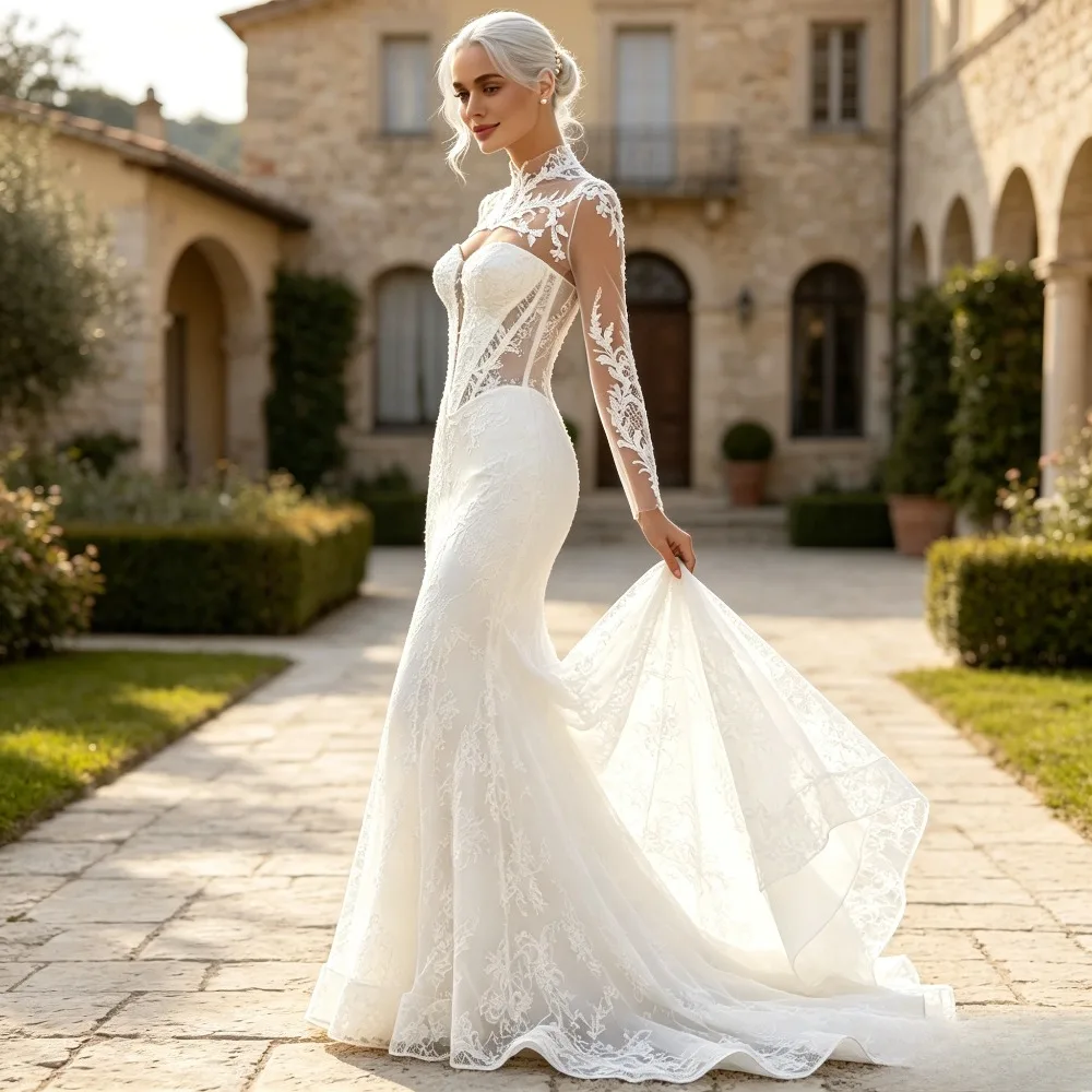 Customized High Neck Sheer Long Sleeves Full Lace Mermaid Wedding Dress Floral Appliques Elegant Fitted Long Train Bridal Gown