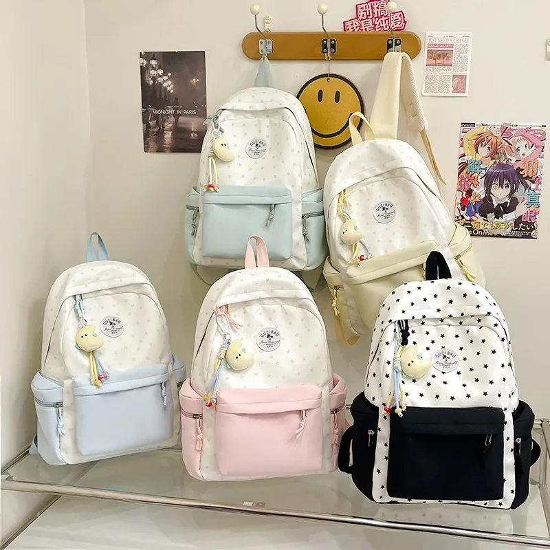 Large Capacity High Aesthetic Backpack for Junior High School Girls Anti Theft Shockproof Polka Dot Splice Dual Shoulder