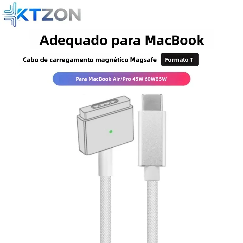 Cabo de carregamento trançado USB-C para MagSafe 2 T-tip para MacBook Air/Pro, cabo de carregador magnético rápido compatível com 45W 60W 85W