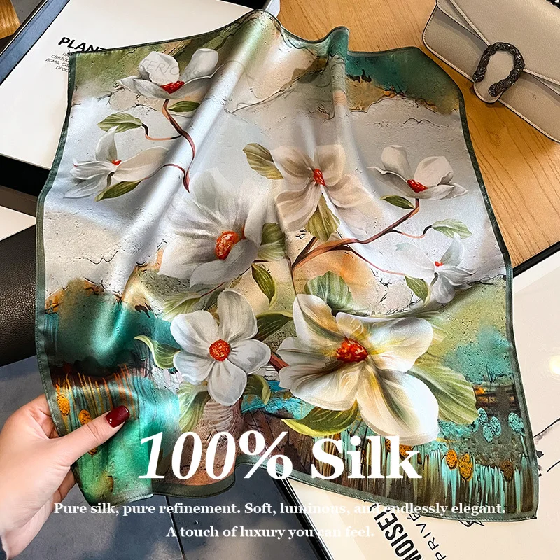 

53cm Headband Designer Luxury Foulard Floral Silk Breathable Soft Decorative Silk High Quality Square 100% Mulberry Silk Scarf