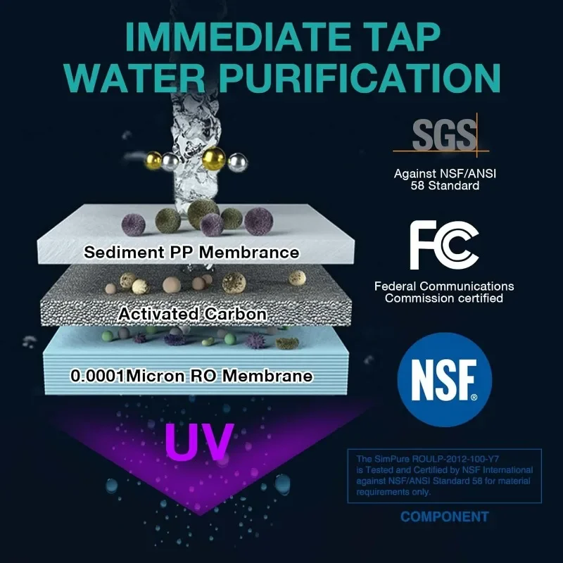 SimPure Y7P-W Filter air Osmosis, Filter Filter air Osmosis terbalik, NSF/ANSI 58 bersertifikat, sistem filtrasi air RO 4 tahap