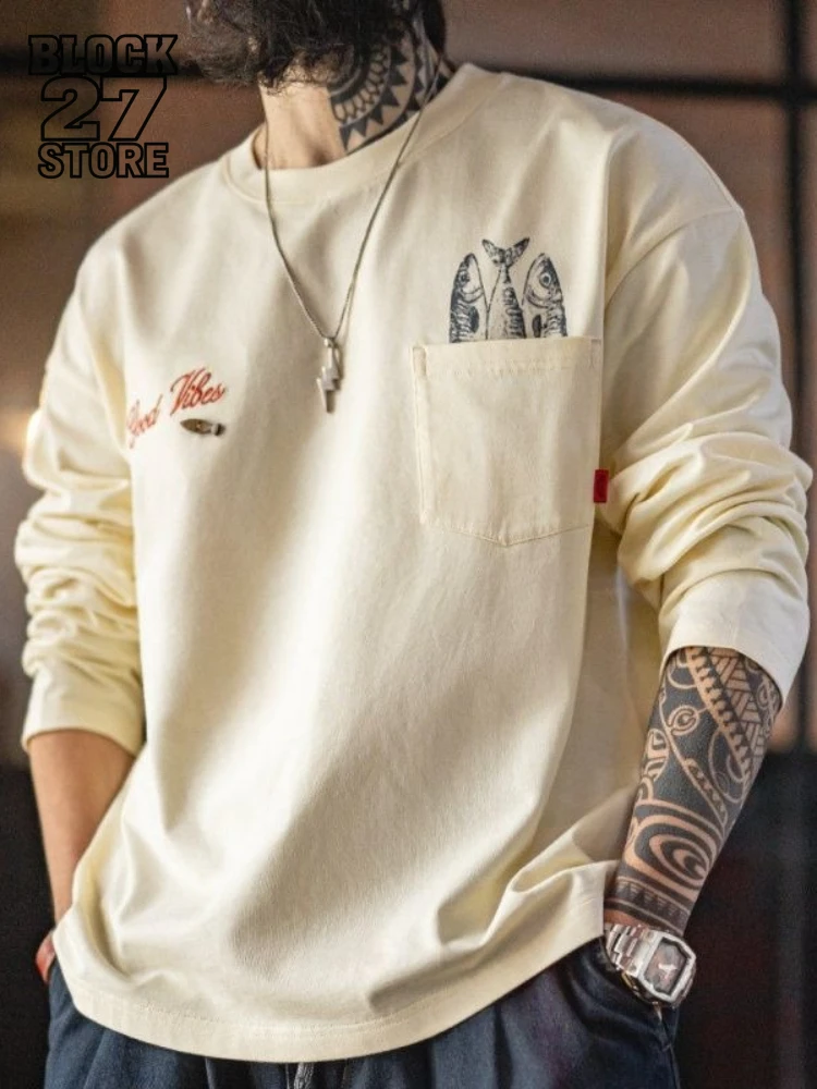 Mens Long Sleeve T Shirt Harajuku American Letter Print Cotton Tee Loose Fit Round Neck Streetwear Casual Spring Autumn Unisex