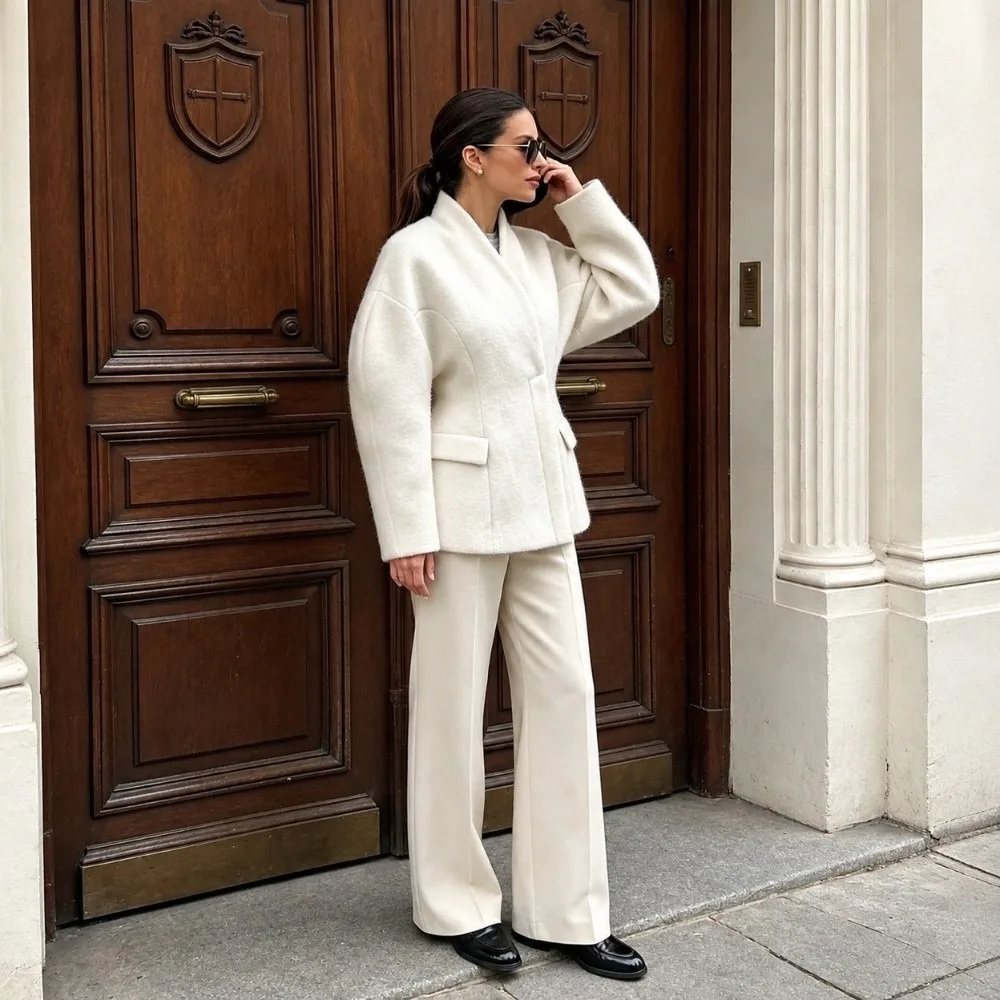 New Short Length Women Short Wool Coat Fitted Waist Bubble Sleeve Wrap Neck Overcoat Bubble Sleeve Outerwear Weekend Dating