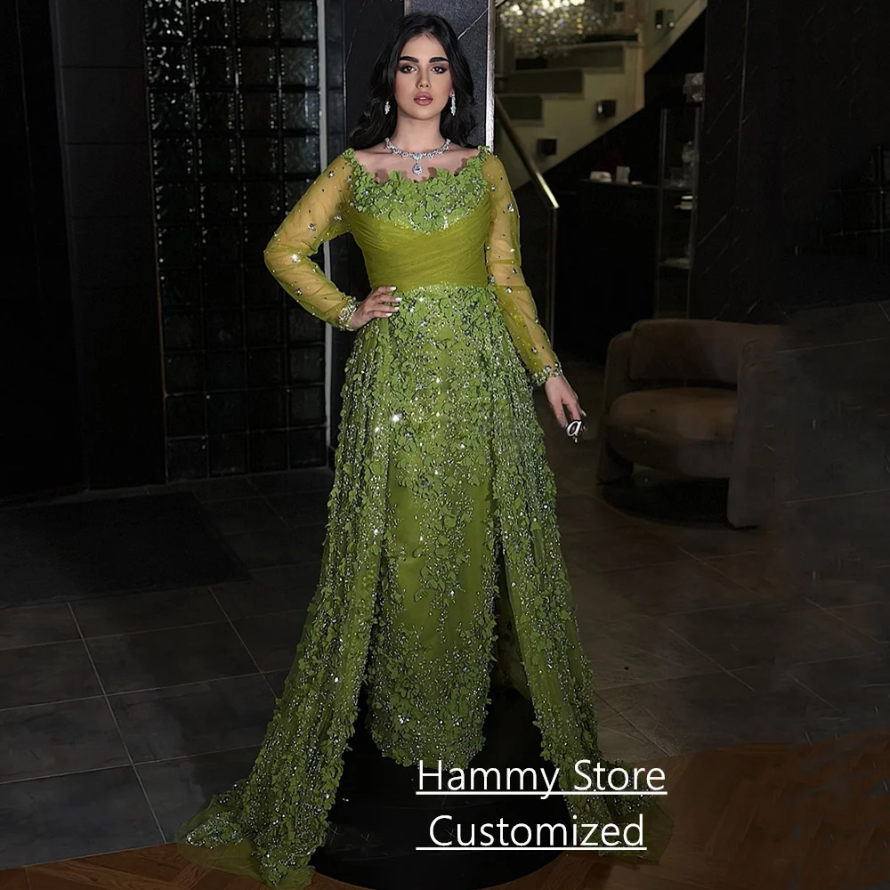 

Arabic Evening Dress with Train Customized Scoop Neck Long Sleeves Flowers Lace Wedding Party Gown Saudi Prom Dresses