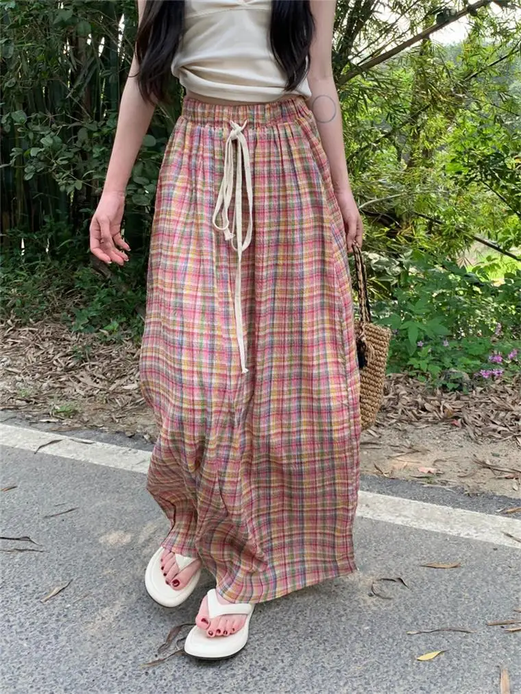 ارتفاع الخصر رقيقة منقوشة المرأة تنورة مرونة الخصر الدانتيل يصل فضفاض ألف خط تنورة طويلة اليومية ملابس الشارع الشهير الربيع والصيف التنانير