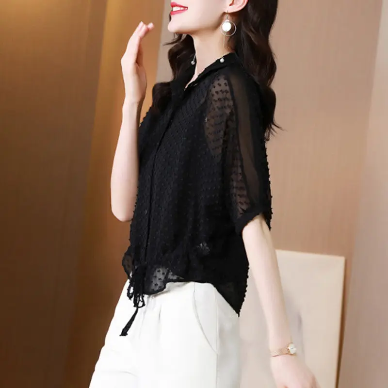 Fashion Loose Gauze Shirt Women Camisole Two Piece Set Spring Summer Half Sleeves Vintage Black Cardigan Women\'s Elegant Blouses