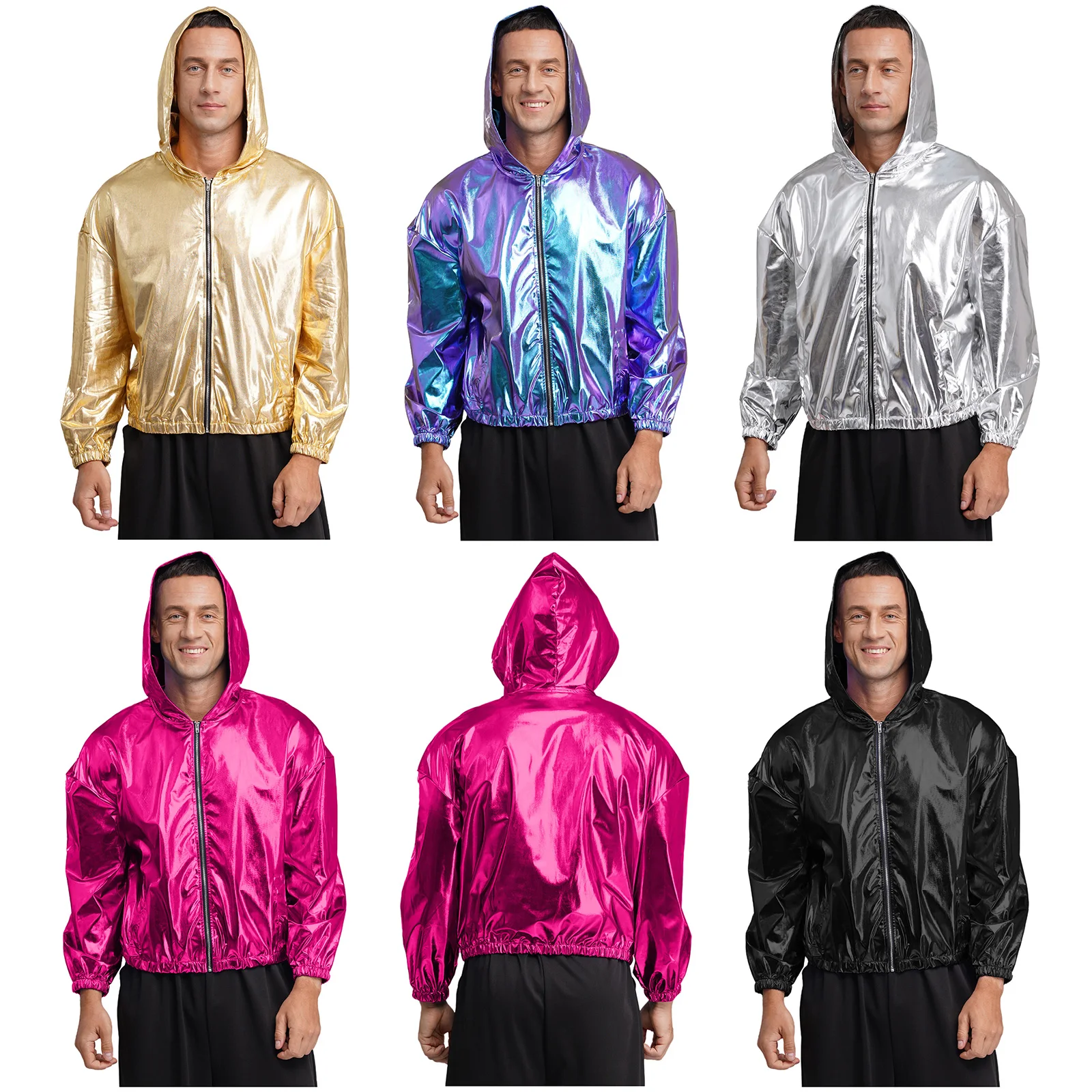 

Мужская блестящая металлическая куртка-бомбер с капюшоном, голографическая, на молнии спереди, с длинными рукавами, короткая, для фестивалей, рейвов, танцевальных вечеринок, верхняя одежда