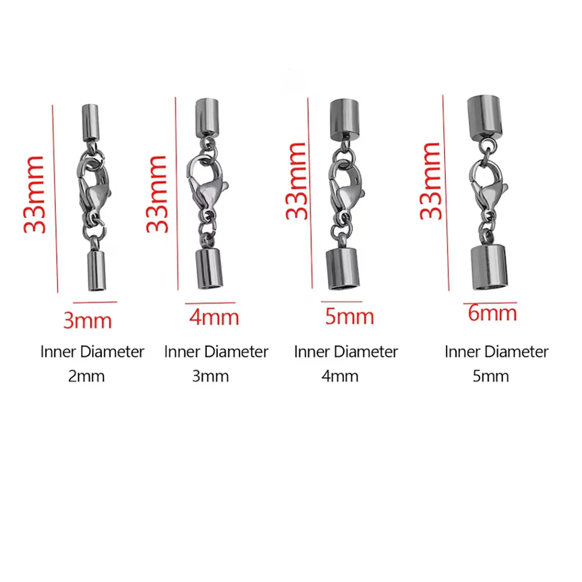 10er-Set/Lot Edelstahl-Endkappen mit Karabinerverschluss, 3/4/5/6 mm, Kordelendverschlüsse für Armbänder, Halsketten, DIY-Zubehör – Detail 1