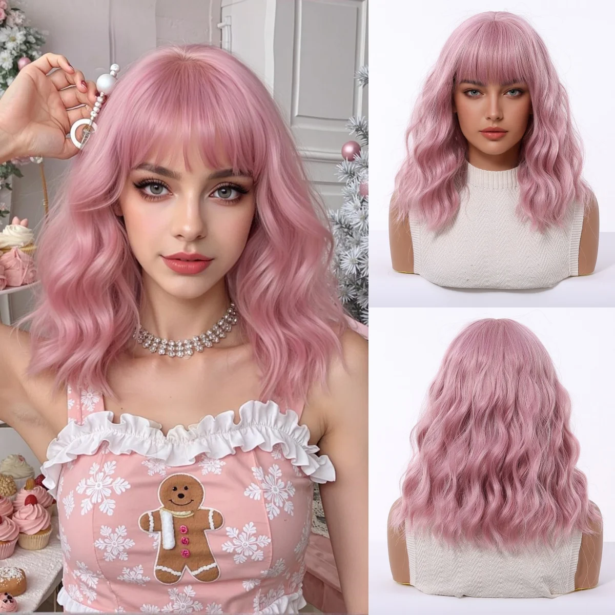 

HENRY MARGU Pink Cosplay Synthetic Hair Wig Short Wavy Daily Christmas Party Wig with Bangs Natural Wave Colorful Wigs for Women
