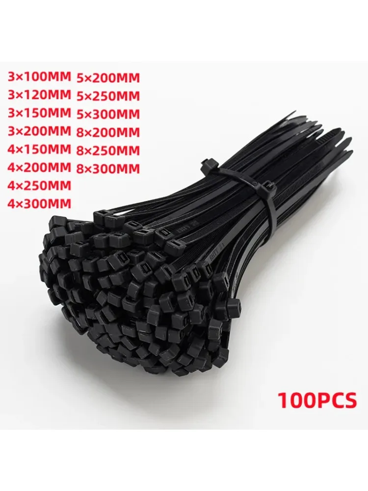 Laço de nylon de plástico com travamento automático, 100 peças, preto, anel de fixação, braçadeira