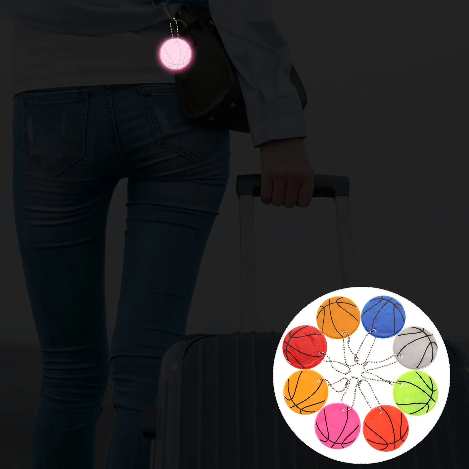 8Pcs Basketball Reflective Pendant Keychains High Visibility Safety Reflector for Backpacks Bags Jackets Night Running Cycling