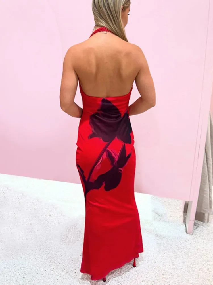 Robe longue imprimée pour femmes, Sexy, col en V profond, mode soirée, rouge, épaules dénudées, sans manches, dos nu, moulante, robes longues de vacances
