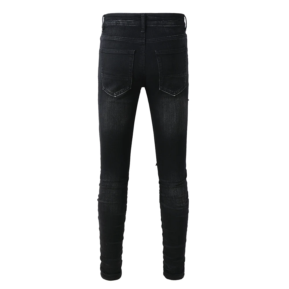 Men Skinny Tapered Biker Jeans Streetwear Sky Blue Velvet Pleated Patch Pants Ripped Black High Stretch Denim Cotton Trousers