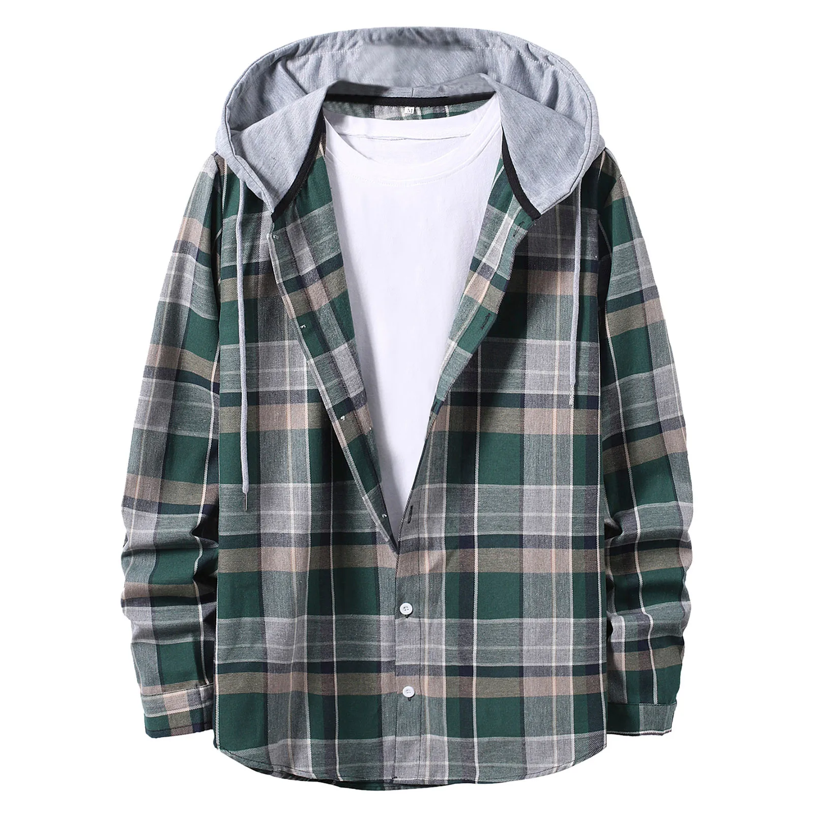 Men\'s Casual Plaid Print Shirt Long Sleeves Autumn Casual Hooded Single Breasted Coat Daily Loose Male Clothing