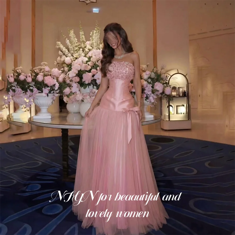 

NFYN Pink Evening Dress Strapless Sleeveless Party Dresses with Crystal and Bow Prom Gown A Line robes du soir Simple Customized