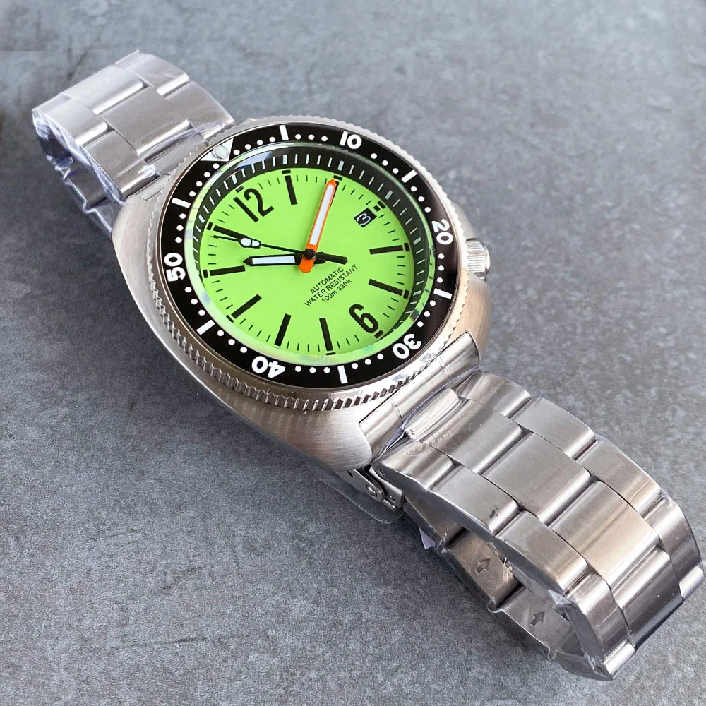Tandorio NH35A Lume Green Dial 44mm Automatic Men Diving Watch 200M Waterproof Sapphire Crystal Ceramic Insert Steel Bracelet