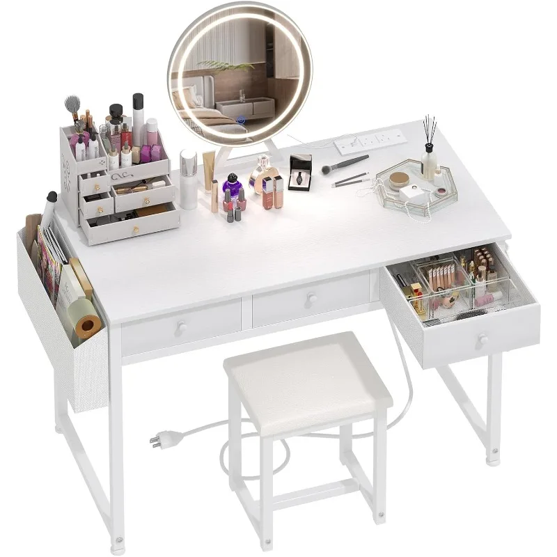 White Makeup Vanity Desk with Mirror and Lights, 40 inch Make Up Vanity Desks with Fabric Drawers & Power Outlet, Dressi