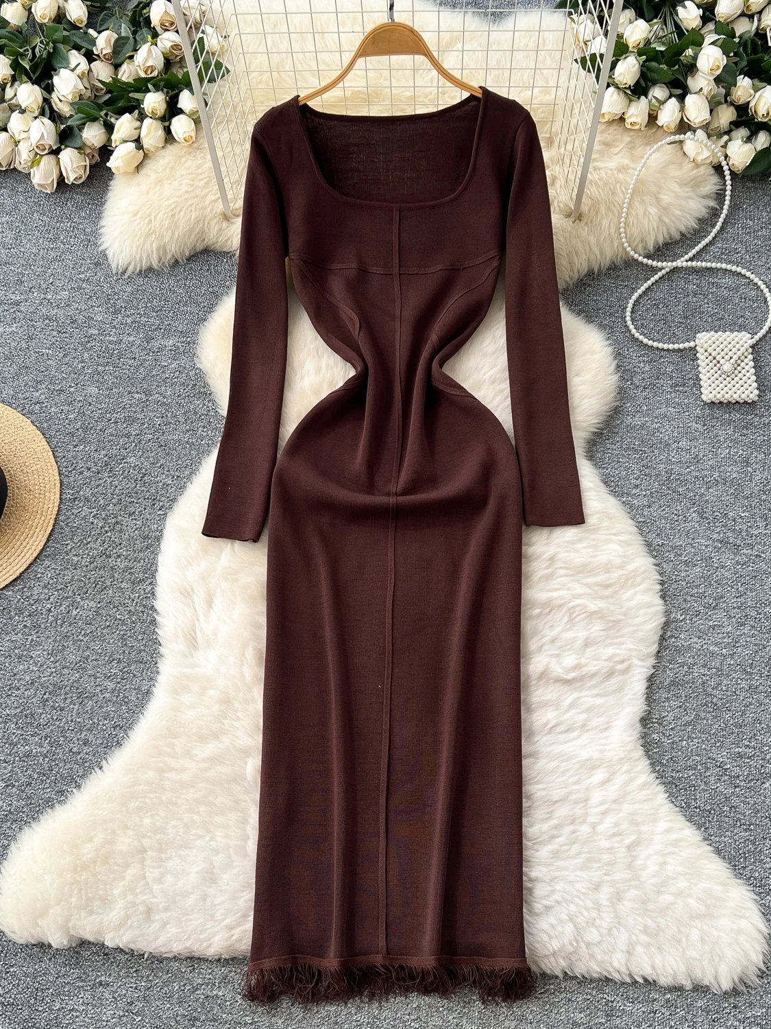 

Slim Fit Knitted Long Sve Square Collar Dr Women's Autumn Waist Cinching Slimming Knit Tassel Long Dr Pure Desire