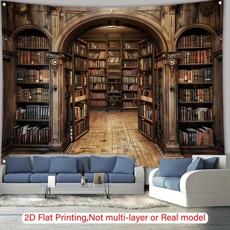 1 Stück, 2D flach, Retro-Bibliotheksszene mit antikem Bücherregal-Hintergrund – Heimbüro, Fotografie-Hintergrund, Party-Dekoration, wsj