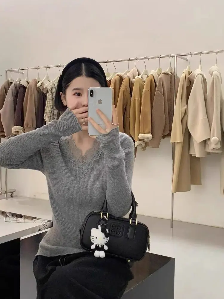 Slim fit renda retalhos malhas macio e confortável feminino faion inverno novo sle v-ne longo sve cor versão coreana