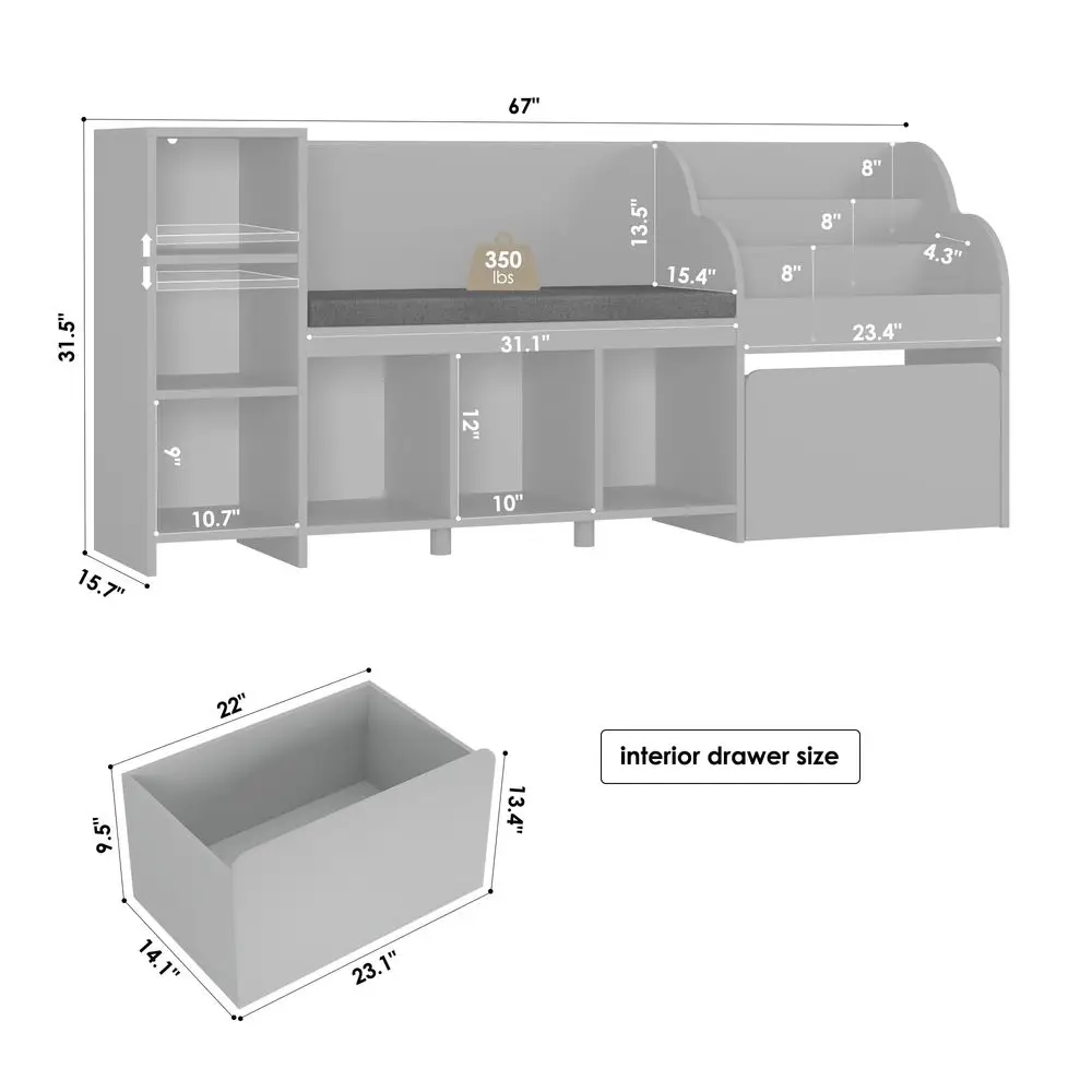 

Детский уголок для чтения 67 Kids с комбинированным книжным шкафом-стеллажом и скамьей, с подушкой для сиденья, 6 отсеками для хранения, органайзер для игрушек на колесиках для детей