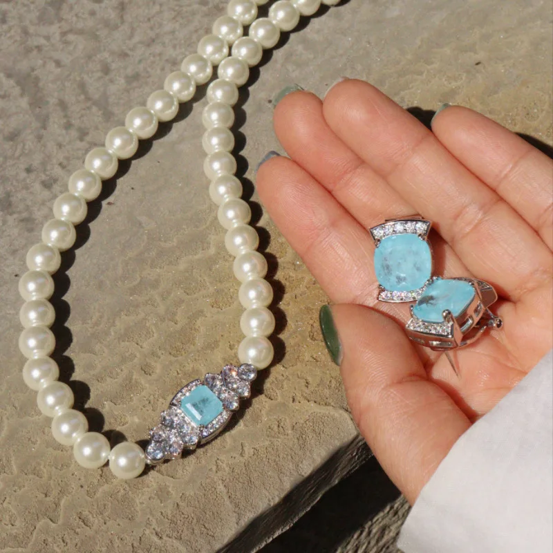 

Coloured blue gemstone crystal pearl necklace fabulous zircon earrings set for women